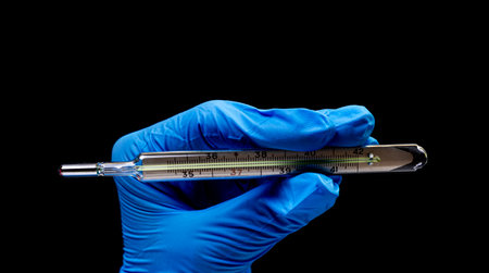 Medical thermometer on isolated black background with reflection in hand, natural organic bio...