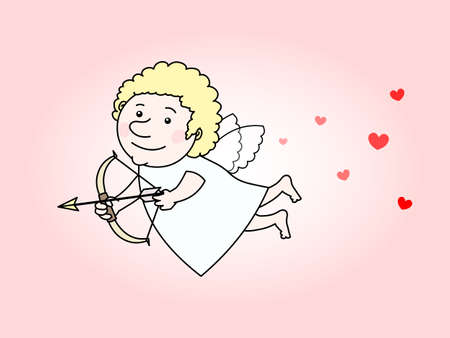 Flying cupid with a golden arrow and surrounded by hearts
