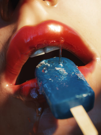 Beautiful young woman with bright red lips eating ice cream, close-up.の素材