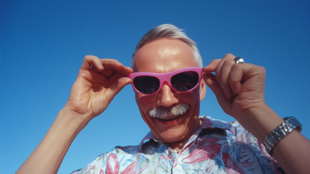 Portrait of an elderly man wearing pink sunglasses against a blue sky on a hot summer day.の素材