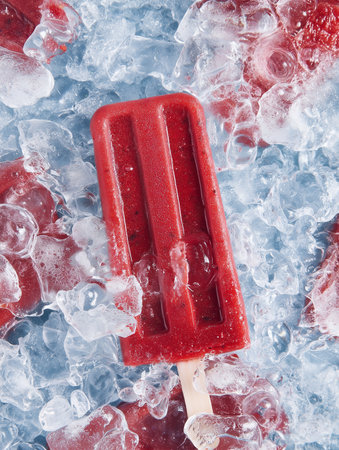Red frozen fruit popsicles on ice cubes. Top view, flat lay.の素材