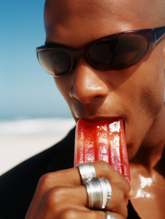 Close-up portrait of a young male model eating ice cream on the beach.の素材