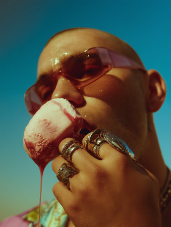 Handsome man with rings on his hands eating ice cream against a blue sky background. Close-up of ice cream.の素材