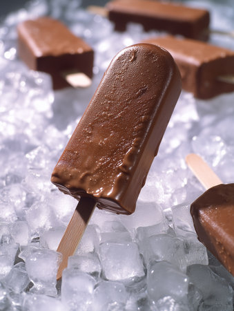 Homemade chocolate ice cream popsicles on ice cubes, selective focus.の素材