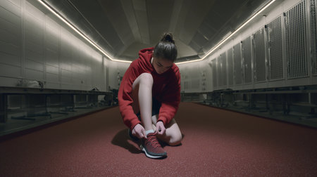 Young female runner in a red hoodie tying shoelaces in the locker room.の素材