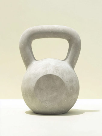 A concrete sports kettlebell stands on a table against a light background.の素材