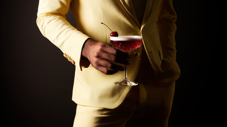 Close-up of a man in a yellow suit holding a glass of cherry cocktail. Stylish bar atmosphere.の素材