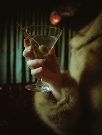 A girl in a fur coat holding a martini glass with an olive in her hand.の素材