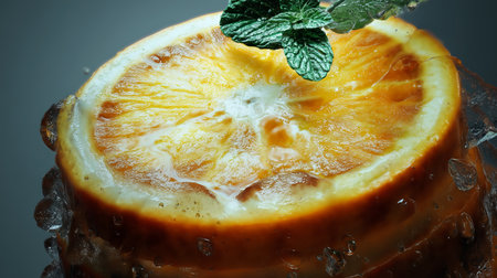 Orange slice with mint leaves on a gray background. Ingredients for refreshing drinks.の素材