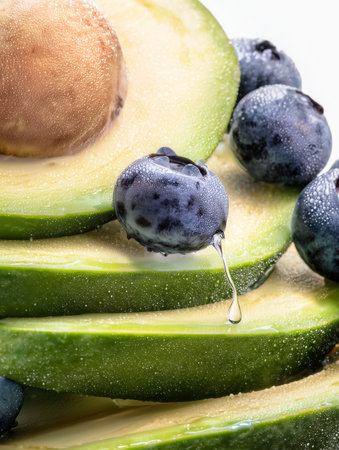 Avocado slices with blueberries and water drops. Modern cuisine.の素材