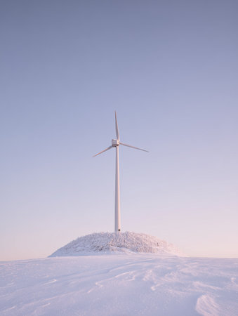 An image of a wind turbine on a snowy hill in winter. Eco-friendly types of electric energy.の素材