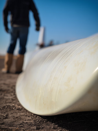 Close-up of a wind turbine blade section at a construction site next to an engineer. Alternative types of electric energy.の素材