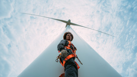 African-American female engineer standing next to a wind turbine against a cloudy sky. Natural wind electric energy.の素材