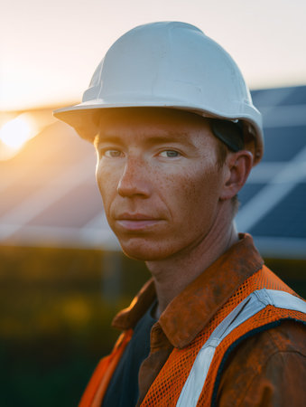 Portrait of a male worker looking at the camera at a solar power plant. Natural electric energy. Solar panelsの素材