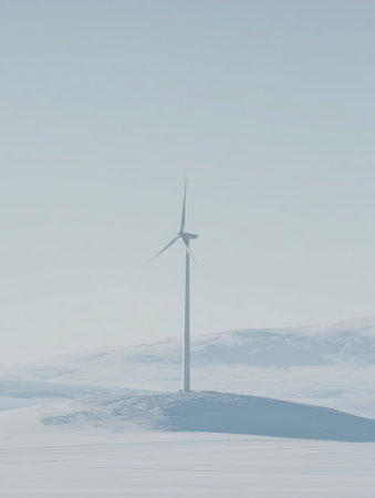 An image of a wind turbine generator in a snowy landscape. Natural energy. Windmills and wind turbines.の素材