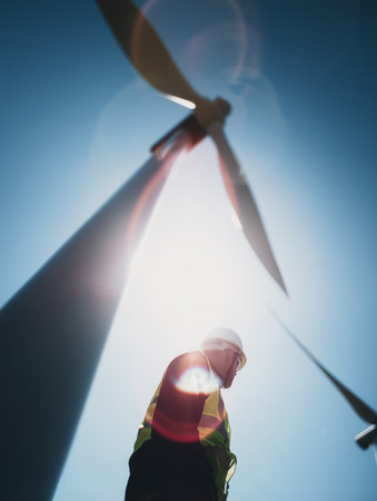 Engineer wearing a helmet standing in front of a wind generator for electricity production. Natural electric energy.の素材