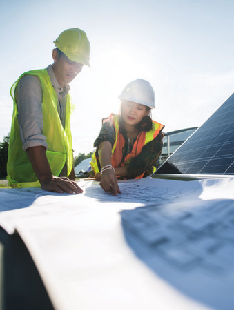 Engineer and architect working on a solar power plant blueprint against the background of solar panels. Natural electric energy.の素材