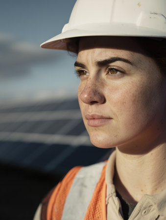 Portrait of a female worker wearing a helmet at a photovoltaic plant. Natural solar electric energy.の素材