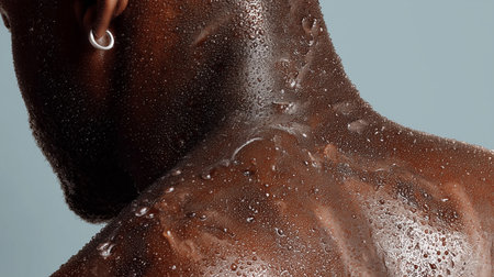 Close-up of the back of an African American man covered with water droplets. Daily hygiene.の素材