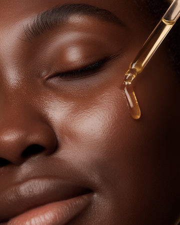 Close-up portrait of a beautiful young African American woman with closed eyes applying cosmetic oil to her face. Cosmetic treatment concept.の素材