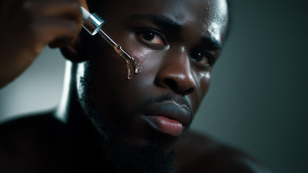 Portrait of a handsome African American man applying vitamin C serum drops from a pipette to his face. Daily skincare concept.の素材