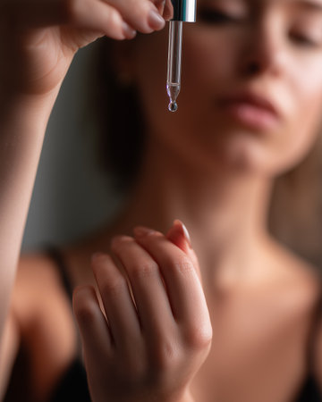 Beautiful young woman applying serum to her hands, close-up. Cosmetology and skincare.の素材