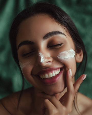 A woman applying moisturizing cream to her face and smiling on a green background. Daily facial skincare.の素材