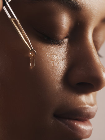 A woman with closed eyes applying serum from a pipette for facial skincare.の素材
