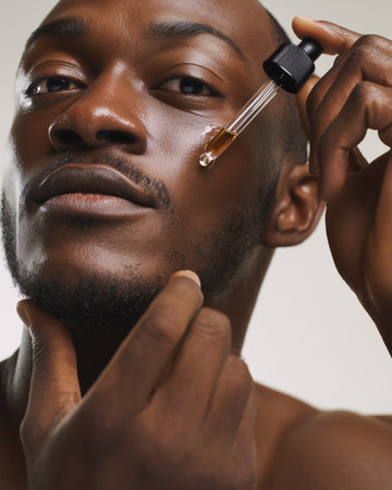 Close-up portrait of a handsome African American man with a mustache applying vitamin C serum to his face.の素材