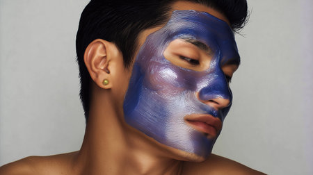 Asian man with a gold earring in his ear and a blue facial mask. Skincare. Cosmetology.の素材
