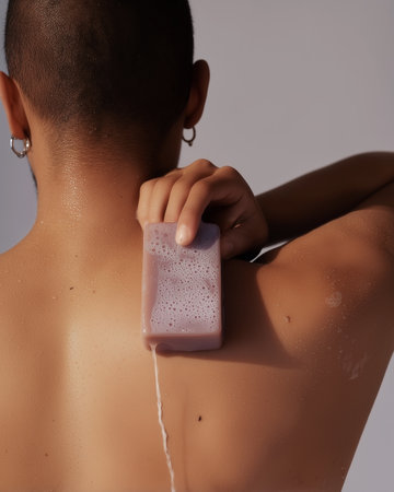 A man with earrings is washing himself in the shower with a bar of soap. Daily hygiene.の素材