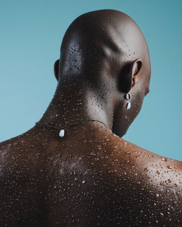 Back view of an African American man with wet skin on a blue background. Daily hygiene. Skincare.の素材