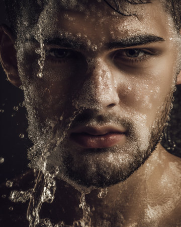 Close-up portrait of a young handsome man with wet hair washing his face with cleansing foam. Cosmetology and facial skincare.の素材