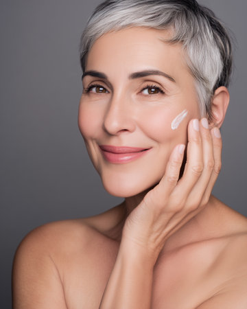 Portrait of a smiling middle-aged woman applying cosmetic cream to her face on a gray background. Facial skincare.の素材