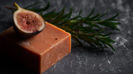 Natural handmade soap with figs and rosemary on a dark background. Daily hygiene.の素材
