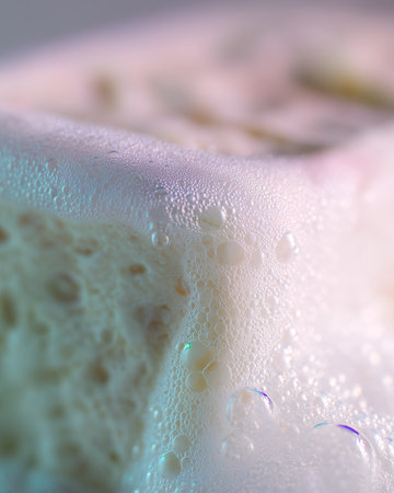 Macro close-up of a piece of soap with foam and water droplets. Daily body hygiene routine.の素材