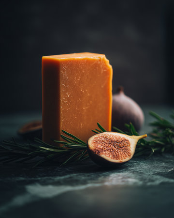 A piece of aromatic soap with fig on a dark background. Daily hygiene concept.の素材
