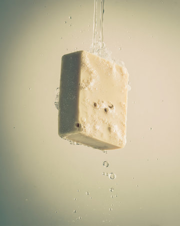 A piece of natural homemade soap suspended in the air with water and foam dripping down. Daily hygieneの素材