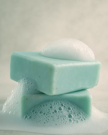 Blue pieces of natural soap with foam and bubbles on a white background. Body hygiene.の素材