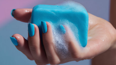 Close-up of a female hand with blue manicure holding a light blue piece of handmade soap. Daily body hygiene routine.の素材