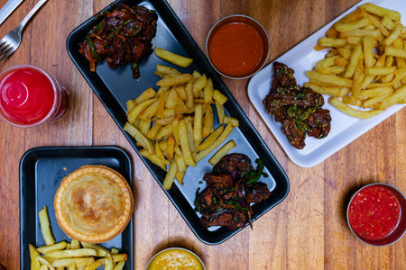 Top view of a selection of fast food on a wooden table.の写真素材