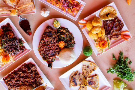 Traditional Turkish and Greek dinner appetizer table with assorted dishes. Top viewの写真素材