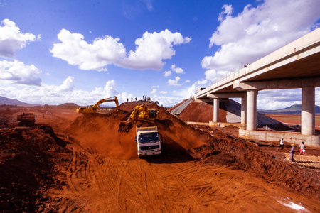 Construction of a road bridge over the highway in the city of Zanzibarの写真素材