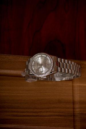Wristwatch on a wooden background. Luxury wristwatch.の写真素材