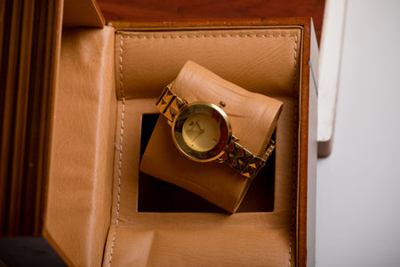 Wristwatch in a box on a white background. Close-upの写真素材