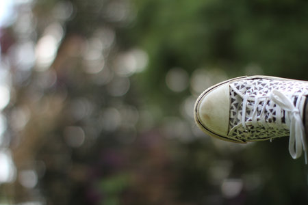 Close-up of a shoe on the background of greenery.の写真素材