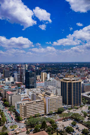 Nairobi City County Skyline Skyscrapers. Nairobi is Kenyaâs capital city. In addition to its urban core, the city has Nairobi National Park, a large game reserve known for breedingのeditorial素材