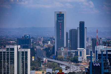 Nairobi City County Skyline Skyscrapers. Nairobi is Kenyaâs capital city. In addition to its urban core, the city has Nairobi National Park, a large game reserve known for breedingのeditorial素材