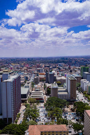 Nairobi City County Skyline Skyscrapers. Nairobi is Kenyaâs capital city. In addition to its urban core, the city has Nairobi National Park, a large game reserve known for breedingのeditorial素材