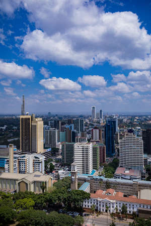 Nairobi City County Skyline Skyscrapers. Nairobi is Kenyaâs capital city. In addition to its urban core, the city has Nairobi National Park, a large game reserve known for breedingのeditorial素材